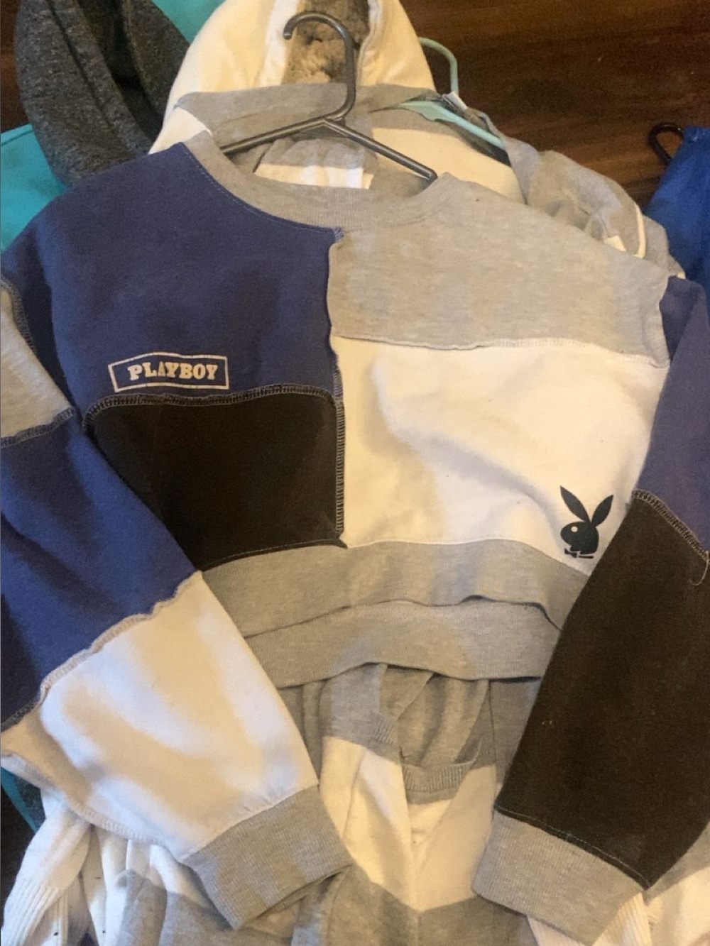 PLAYBOY vintage Blue, Gray, White & Black Patchwork cropped Crewneck Sweatshirt
